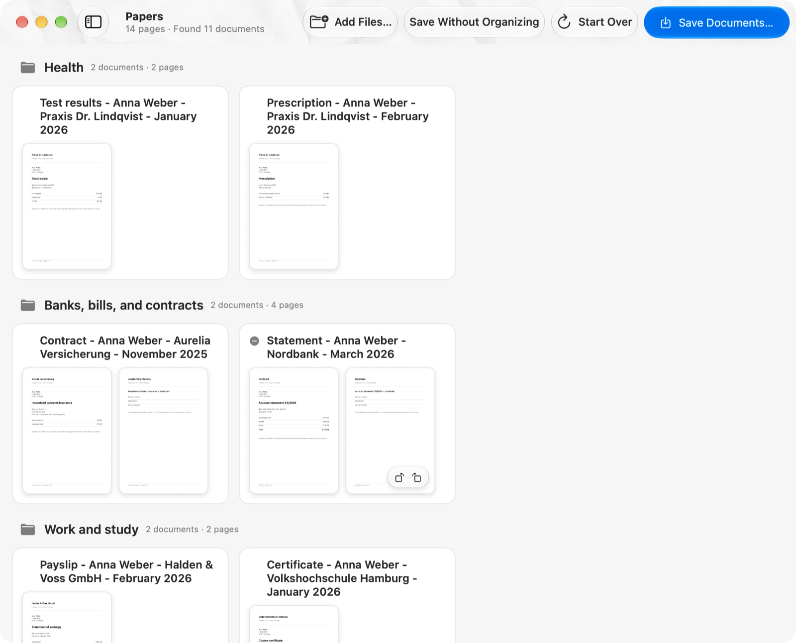 The Papers window: fourteen scanned pages grouped into eleven named documents, sorted into folders for health, banks and bills, work and study