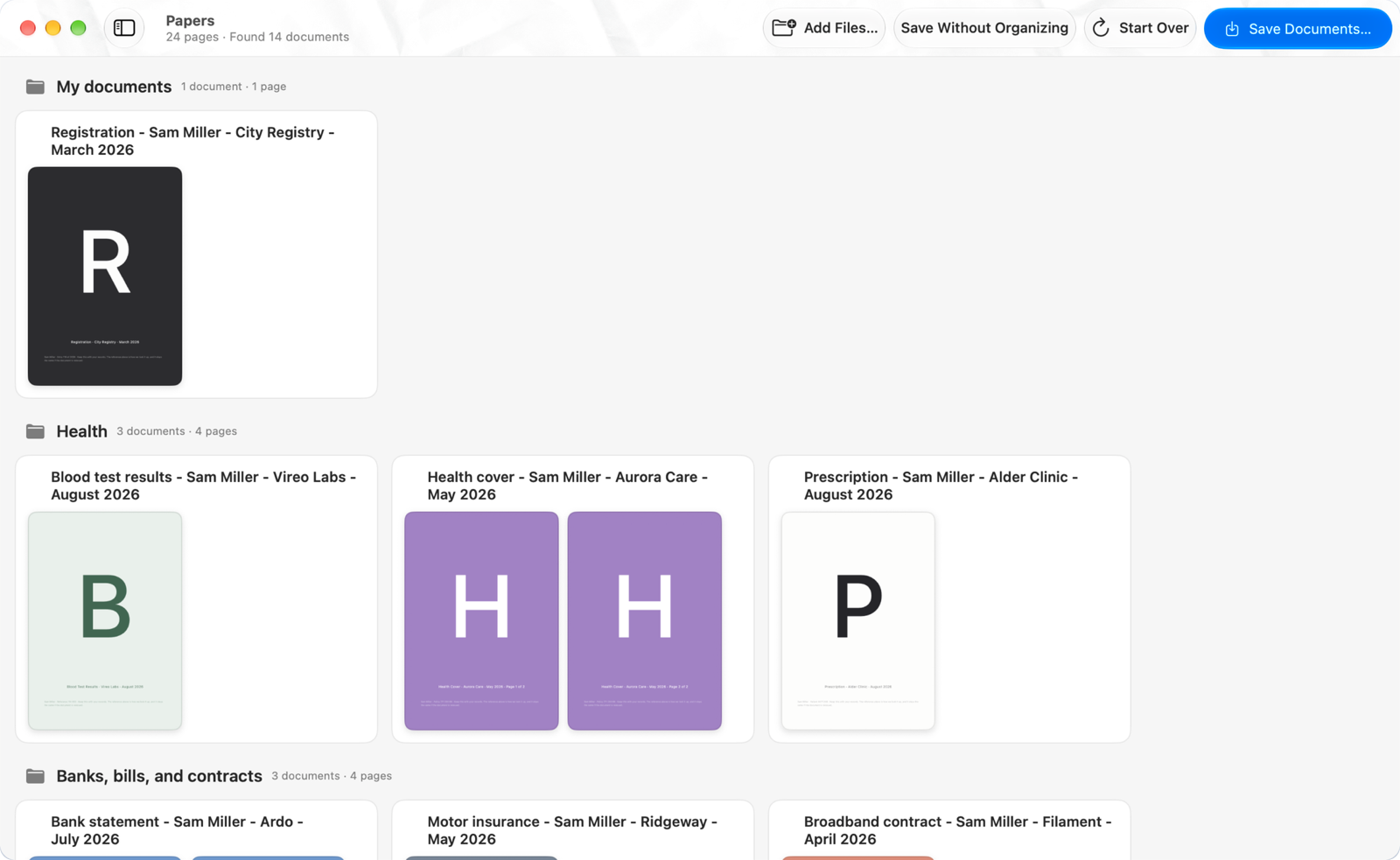 The Papers window: twenty-four scanned pages grouped into fourteen named documents, sorted into folders for documents, health, and banks, bills and contracts