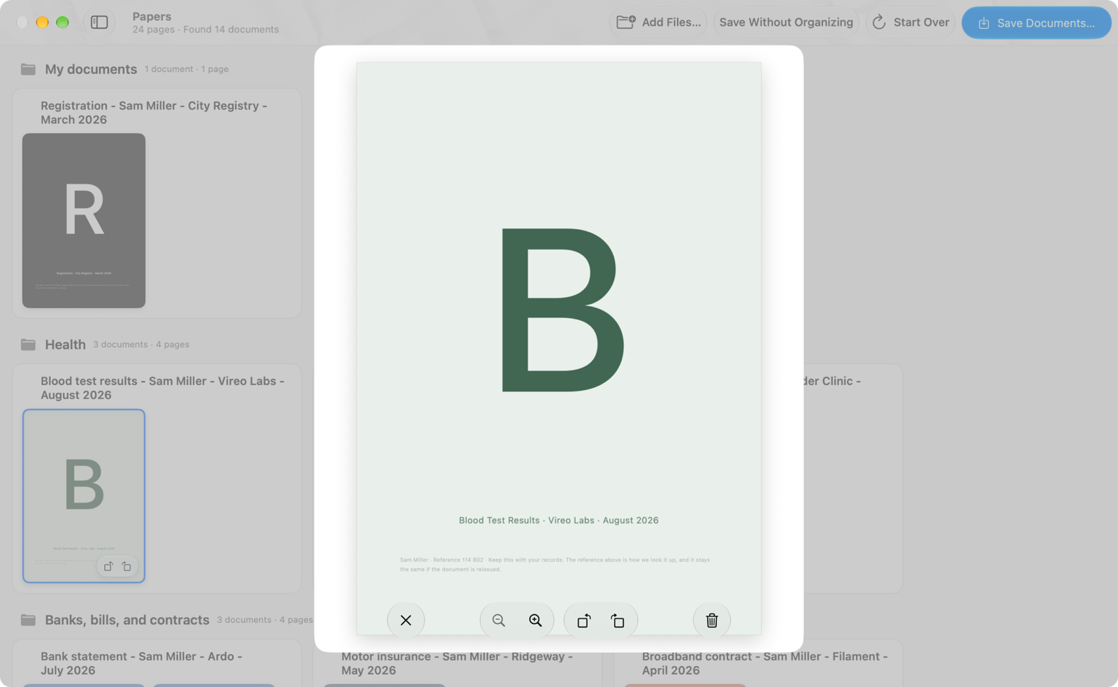 One scanned page opened full size over the gallery, with buttons under it to close, zoom, rotate and throw the page away