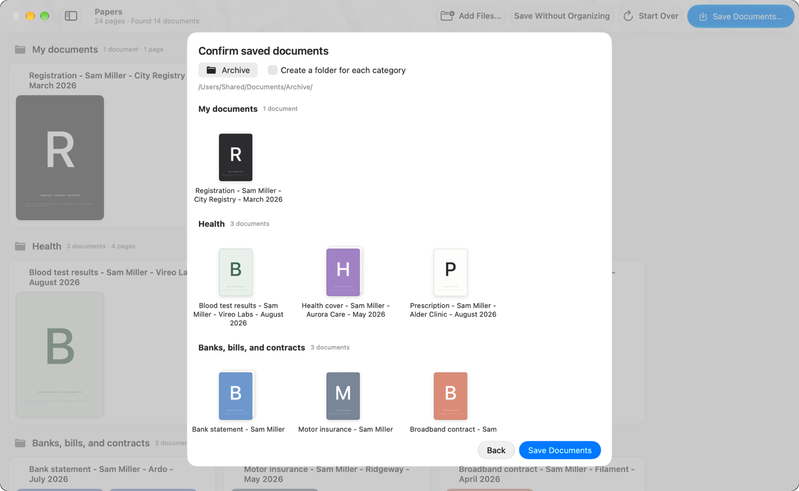 The confirmation before saving: the chosen archive folder, the option to make a folder for each category, and every document listed under its own heading