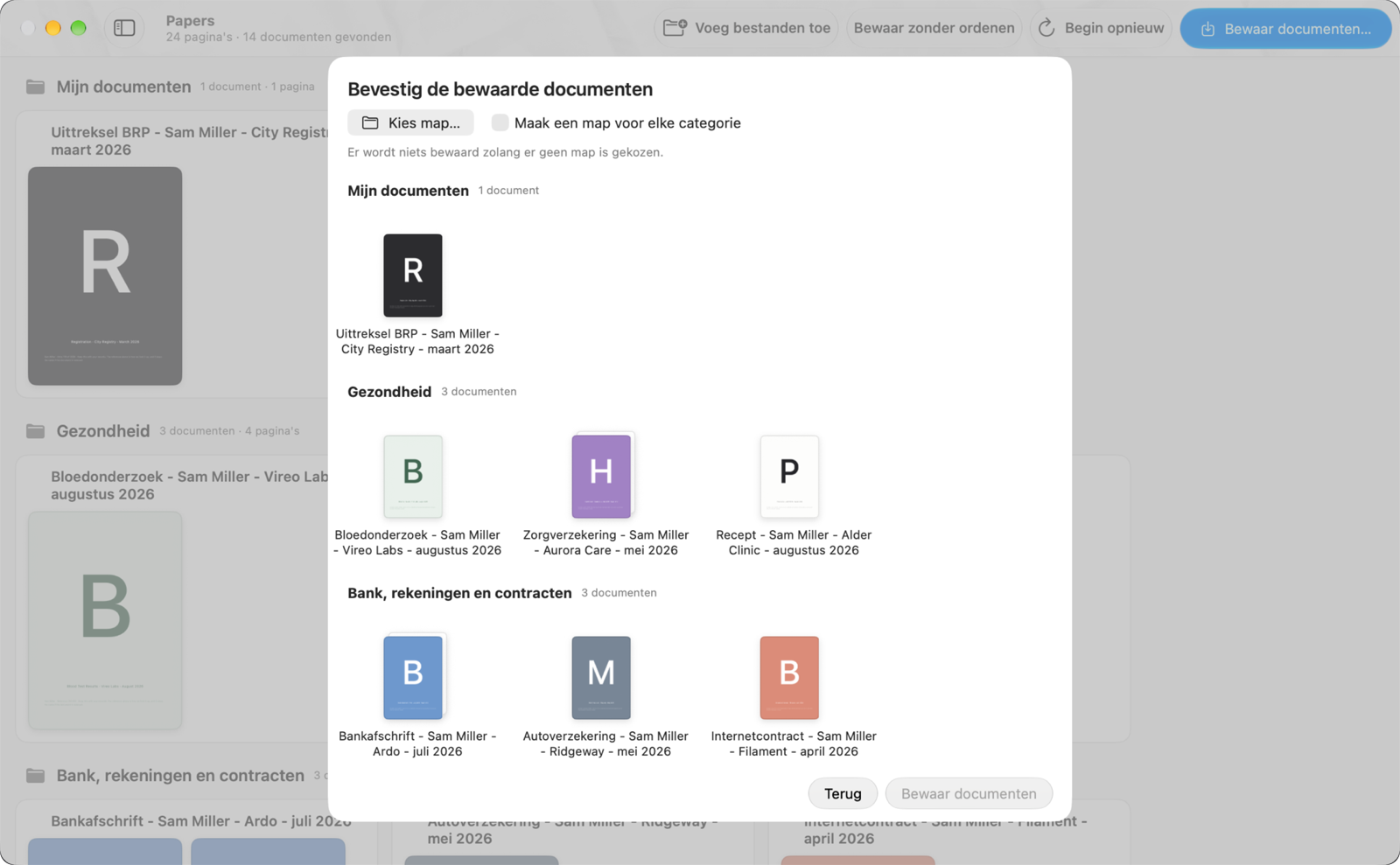 De bevestiging voor het bewaren: de gekozen archiefmap, de optie om een map per categorie te maken, en elk document onder zijn eigen kop