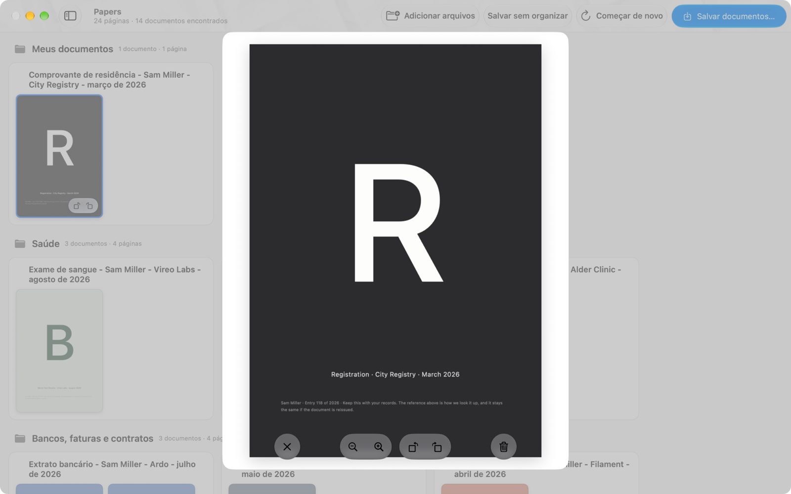 Uma página digitalizada aberta em tamanho real sobre a galeria, com botões embaixo para fechar, ampliar, girar e jogar a página fora