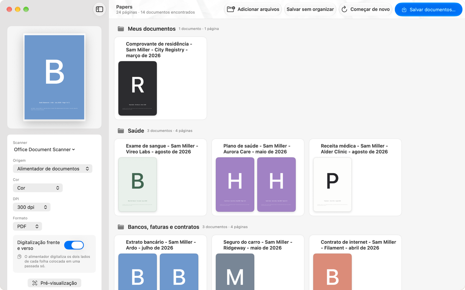 A janela do Papers com o painel de digitalização aberto: scanner, origem, cor, resolução e formato, digitalização frente e verso ligada e uma prévia da folha no alimentador